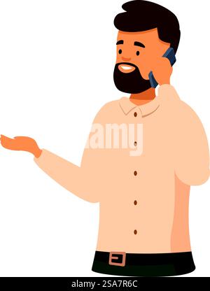 Ein junger Profi führt ein Telefongespräch, während er mit der Hand Gesten macht. Ein bärtiger Mann, der am Telefon spricht, macht einen Punkt Stock Vektor