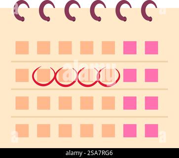 Menstruationskalender mit roten Kreisen, die fruchtbare Tage des Monats hervorheben. Menstruationskalender mit Ovulationszyklus mit roten Markierungen Stock Vektor