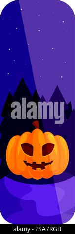 Gruseliges halloween-Banner mit einer Jack o Laterne und einem gruseligen Wald. Halloween vertikales Banner mit Jack o Laterne, die in einem gruseligen Wald lächelt Stock Vektor