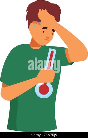 Der kranke junge Mann hält ein Thermometer und fühlt sich unwohl, schwitzt und hat Fieber. Kranker junger Mann mit Thermometer, der sich unwohl fühlt und Fieber hat Stock Vektor