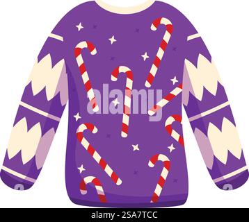 Lila weihnachtspullover mit einem sich wiederholenden Muster aus Zuckerstangen und Sternen, perfekt für festliche Feiern und Feiertage. Lila weihnachtspullover mit Zuckerstangen und Sternendesign Stock Vektor