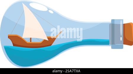 Das Segelboot schwimmt in einer Glasflasche mit einem Kork und erinnert an Konzepte wie Reisen, Abenteuer und Möglichkeiten. Segelboot schwimmt in einer Glasflasche auf blauen Wasserwellen Stock Vektor