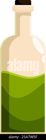 Einfache Zeichentrickillustration einer Glasflasche gefüllt mit einer grünen Flüssigkeit, möglicherweise Olivenöl, erinnert an die Idee des gesunden Essens und Kochens. Glasflasche mit grüner Flüssigkeit, möglicherweise Olivenöl, das Konzept der gesunden Ernährung darstellt Stock Vektor