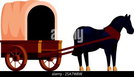 Schwarzes Pferd steht still, während es an einem hölzernen Wagen befestigt ist. Schwarzes Pferd, das immer noch an einem überdachten Wagen befestigt ist Stock Vektor