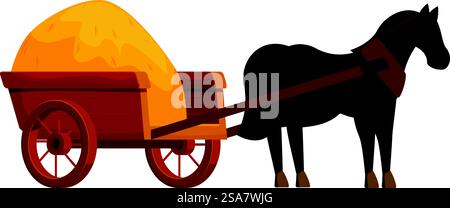 Braunes Pferd zieht einen Holzwagen mit einem großen Heuballen. Braunes Pferd, das Holzwagen mit Heuballen zieht, Nutztierarbeit Stock Vektor