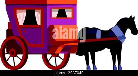 Schwarzes Pferd zieht einen lila und orangen Bühnenwagen mit geschlossenen Vorhängen. Schwarzes Pferd zieht lila und orange Bühnenkutsche Stock Vektor