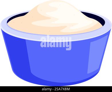 Die blaue Keramikschale ist bis zum Rand mit dickem, cremigem Teig gefüllt, bereit für den nächsten Schritt in einem köstlichen Backrezept. Schüssel mit dickem, cremigem Teig zum Backen Stock Vektor