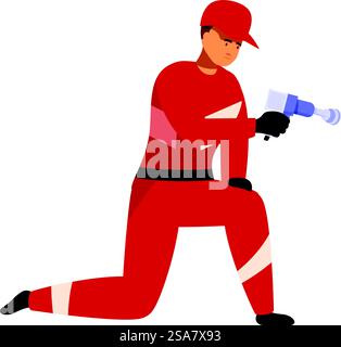 Der Mechaniker kniet und hält einen Schlagschrauber und führt möglicherweise Wartungs- oder Reparaturarbeiten durch. Professioneller mechanischer Knie- und Halteschlagschrauber Stock Vektor