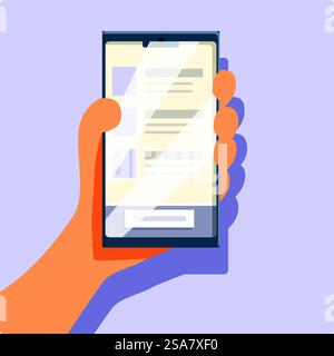 Hand hält ein Smartphone und liest digitale Neuigkeiten, scrollt durch soziale Medien oder verwendet eine mobile App. Nahaufnahme Hand mit Smartphone, die Neuigkeiten liest und in sozialen Medien scrollt Stock Vektor
