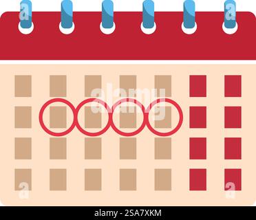 Der Kalender markiert die Länge eines Menstruationszyklus und markiert Periodentage. Kalender mit dem Menstruationszyklus mit roten Kreisen, die die Tage der Periode markieren Stock Vektor