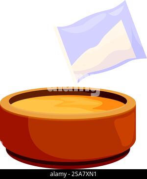 Der Beutel mit Pulver wird in eine Schüssel gefüllt mit einer gelben Flüssigkeit gegossen, wodurch eine Mischung zum Backen entsteht. Das Pulver in die Schüssel gießen, um eine Mischung zum Backen herzustellen Stock Vektor