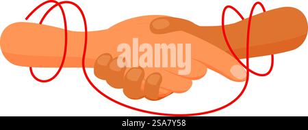 Zwei Menschen schütteln die Hände, ihre Handgelenke sind von einer roten Schnur gebunden, was ein unzerbrechliches Abkommen symbolisiert. Zwei Geschäftsleute schütteln die Hände, die mit roter Schnur zusammengebunden sind Stock Vektor