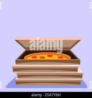 Stapel von einfachen Pizzakartons aus Pappe, wobei die obere offen ist und darin eine frische Pizza sichtbar wird. Stapel Pizzakartons aus Pappe, in denen eine Pizza im Inneren gezeigt wird Stock Vektor