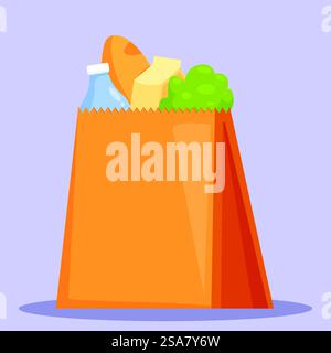 Voller Papierbeutel mit Lebensmittel aufrecht stehend, perfekt für Themen wie Lebensmitteleinkäufe oder gesunde Ernährung. Volle Papiertüte mit Lebensmitteln, die aufrecht stehen Stock Vektor