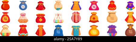 Chinesisches Glücksbeutel-Symbol-Set. Set aus farbenfrohen Glücksgeldbeuteln für das chinesische Neujahrsfest, mit traditionellen Designs und verheißungsvollen Symbolen. Chinesisches Glücksbeutel-Symbol-Set. Set aus bunten Glücksgeldbeuteln für das chinesische Neujahrsfest Stock Vektor
