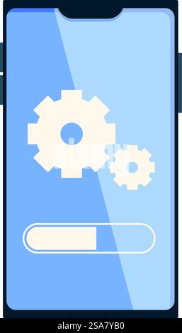 Das Smartphone zeigt den Fortschrittsbalken für die Installation der Softwareaktualisierung mit rotierenden Zahnrädern an. Smartphone zeigt Fortschrittsleiste der Softwareaktualisierung an Stock Vektor