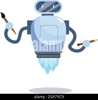 Cartoon-Illustration eines freundlichen Roboters mit Kunstzubehör. Niedlicher Ai-Roboter, der fliegt und Pinsel und Bleistift hält Stock Vektor