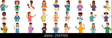 Handysymbole für Kinder eingestellt. Verschiedene Gruppen von Menschen beschäftigen sich mit Smartphones und Tablets und betonen die weit verbreitete Nutzung von Technologien für Kommunikation und Unterhaltung. Handysymbole für Kinder eingestellt. Verschiedene Gruppen von Menschen, die Smartphones und Tablets für Kommunikation und Unterhaltung verwenden Stock Vektor