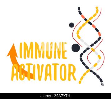 Medizin und Vitamine, Gesundheit und Immununterstützung für Organismen. Isolierte DNA und Kopierraum auf einem Banner. Steigende Resistenz gegen Viren und Bakterien. Vektor in abgewickelter Darstellung. Immunaktivatormedizin und Vitamin für den Organismus Stock Vektor