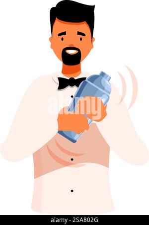 Der Barkeeper schüttelt einen Cocktail in einem Metallshaker und macht einen Alkohol. Der Barkeeper schüttelt Cocktails in einem Metallshaker und macht Alkohol Stock Vektor