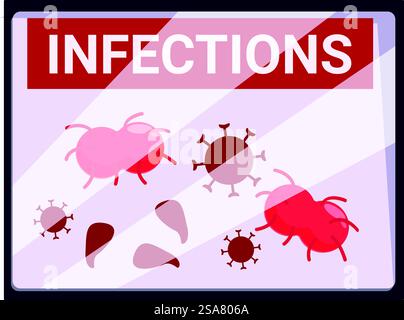 Infektionszeichen mit Viren, Bakterien und Keimen, die in einem Labor schwimmen. Infektionszeichen, das Viren und Keime in Schwingung zeigt Stock Vektor