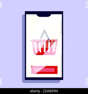 Das Smartphone zeigt einen Warenkorb und eine rote Schaltfläche, die das Konzept des Online-Einkaufs repräsentieren. Smartphone, das den Warenkorb zeigt, der das Konzept des Online-Einkaufs darstellt Stock Vektor