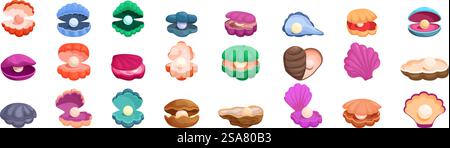 Muscheln Perlen Symbole gesetzt. Verschiedene Illustrationen im Cartoon-Stil von Perlenaustern, einige geschlossen und andere offen, die wunderschöne glänzende Perlen zeigen. Muscheln Perlen Symbole gesetzt. Sammlung von bunten geöffneten und geschlossenen Perlenaustern mit Perlen Stock Vektor