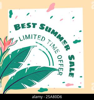 Sommerangebot, zeitlich begrenztes Werbebanner mit Blättern und Laub, Blüten und tropischen Themen. Preisreduzierung für Geschäfte und Geschäfte für Kunden. Vektor in abgewickelter Form. Bestes Sommerangebot, Werbebanner für zeitlich begrenzte Angebote Stock Vektor