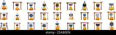 Pot Lagerfeuer Symbole gesetzt. Große Auswahl verschiedener kochender Töpfe, die über dem Lagerfeuer hängen, isoliert auf weiß. Pot Lagerfeuer Symbole gesetzt. Große Menge kochender Töpfe, die über dem Lagerfeuer hängen Stock Vektor