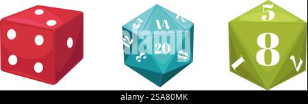 RPG- und Brettspiele Würfel mit Zahlen, isolierten Objekten und Gegenständen zum Spielen und Unterhalten. Verschiedene Arten und Sortimente von Spielaktivitäten und Interaktionen. Vektor in abgewickelter Darstellung. Spielwürfel für Spiele, rpg und Board Stock Vektor