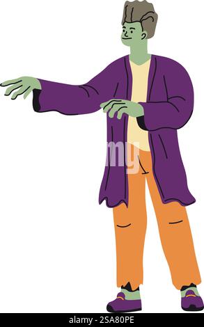 Halloween-Frankenstein-Outfit, isolierte Persönlichkeit, die Make-up und Kleidung trägt. Horror- und Gruselkleidung für die Freizeit. Trick or Treat, Kostüm für die Feiertagsfeier. Vektor in abgewickelter Form. Frankenstein Halloween Kostüm für Partyferien Stock Vektor
