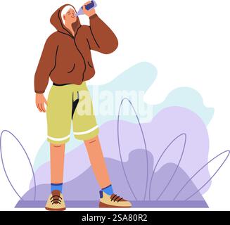 Sportler, die laufen und joggen, hielten an, um Wasser aus der Flasche zu trinken und zu hydrieren. Sportliche Aktivitäten und Lifestyle, Gewichtsverlust und Passform. Männliche Persönlichkeit beim Training. Vektor in abgewickelter Form. Mann trinkt Wasser für die Hydration während des Laufens Stock Vektor