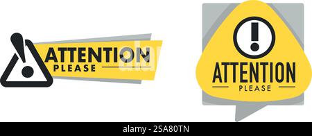 Achtung- und Awareness-Zeichen, isoliertes Symbol mit Aufmerksamkeit, Text bitte schreiben. Hinweis oder Symbol mit Ausrufezeichen, um aufmerksam zu sein. Logo oder Emblem, Logo oder Werbebanner. Vektor in abgewickelter Form. Achtung, Achtung, Achtung und Awareness-Zeichen Stock Vektor