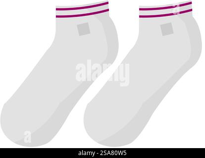 Modische Socken mit violetten Streifen, Bekleidung und Mode, stylische Kleidung und Accessoires. Isoliertes Symbol aus Textil für trendigen Look, Outlook und Kleidung für sportliche Aktivitäten. Vektor in abgewickelter Form. Socken für Sportbekleidung, Bekleidung und Modeschmuck Stock Vektor