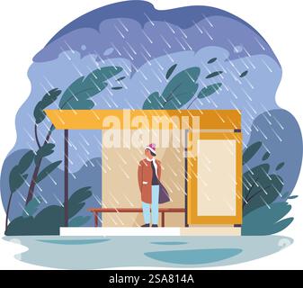 Regen und Regen schlechte Wetterbedingungen, Frau versteckt sich in der Bushaltestelle. Starker Regen oder Regen mit starken Windböen. Sturm und Überschwemmungen, saisonaler Klimawechsel. Vektor in abgewickelter Form. Wetterbedingungen, Regen und Regenwetter Stock Vektor