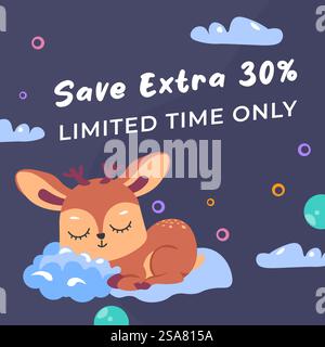 Sonderangebot und Rabatte, Sonderangebot nur für begrenzte Zeit. Hirschtier, das auf einer Wolke schläft, Säugetierfigur mit Geweih, kindlicher Charakter. Werbebanner, Werbevektor im flachen Stil. Nur für begrenzte Zeit, Sonderangebot und Sonderangebot Stock Vektor