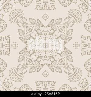 Vintage Blumenblätter und Blumen, Vegetation und Zweige mit Zweigen. Retro-Zeichnung von Blättern und Blüten, blühendes Design. Nahtloses Muster, Hintergrunddruck oder Hintergrundbild. Vektor in abgewickelter Form. Retro- oder Vintage-Blumenmuster, nahtloses Muster Stock Vektor