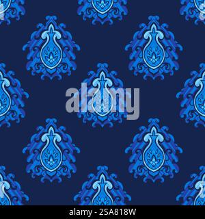 Blühende Blumen und Blätter auf Zweigen, Wirbel und Blattdesign. Paisley im Frühling oder Sommer mit Zweigen und Laubkunst. Nahtloses Muster, Hintergrundbild oder Hintergrund. Vektor in abgewickelter Form. Blüten- und blühendes Blumenmuster Stock Vektor