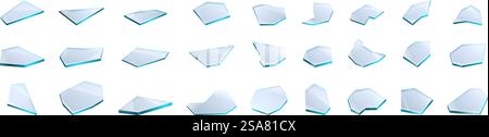 Symbole für gebrochene Glasfragmente gesetzt. Satz realistischer Scherben aus transparentem Glasbruch, die die scharfen Kanten auf einem weißen Hintergrund zeigen. Symbole für gebrochene Glasfragmente gesetzt. Satz realistischer Scherben aus transparentem Glasbruch mit scharfen Kanten Stock Vektor
