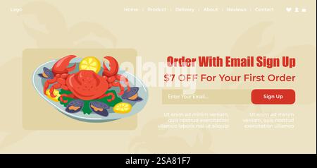 Meeresfrüchte im Restaurant, bestellen Sie leckere Mahlzeiten mit E-Mail-Anmeldung und erhalten Sie Rabatt auf Ihren ersten Einkauf. Krabbe mit Zitronen und Austern. Website-Landing-Page, Internet-Site-Vorlage. Vektor in abgewickelter Form. Bestellen Sie mit E-Mail-Anmeldung, Fisch und Meeresfrüchte im Restaurant Stock Vektor