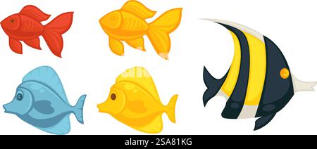 Exotische oder tropische Fische schwimmen im Wasser, isolierte Aquarienbewohner. Bunte Arten mit Streifen, Vielfalt an Arten und Arten. Tierhandelsortiment für Gäste, Sealife. Vektor in abgewickelter Form. Aquarienbewohner, Vektor der Artenvielfalt exotischer Fische Stock Vektor