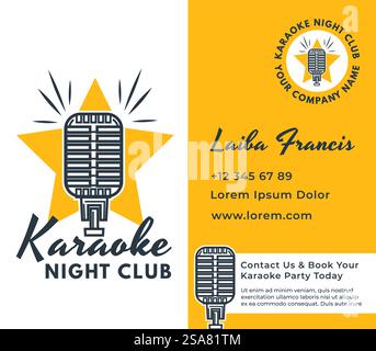 Nachtclub Karaoke Spaß, buchen Sie Ihre Party und haben Sie Spaß. Firmenname und persönliche Informationen des Eigentümers oder Vorgesetzten. Geschäfts- oder Visitenkarte, Branding und Marketing für Werbeaktionen. Vektor in abgewickelter Form. Karaoke-Nachtclub, Party-Visitenkartenvektor Stock Vektor
