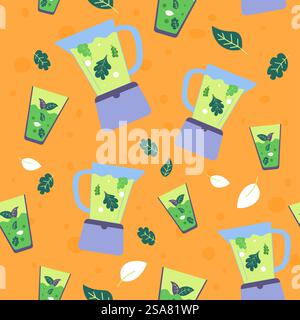 Entgiftung und gesunde Ernährung, leckerer und Bio-Smoothie aus Blättern und Gemüse. Natürliche Inhaltsstoffe für eine gesunde Ernährung. Nahtloses Muster, Hintergrunddruck oder Hintergrundbild. Vektor in abgewickelter Form. Smoothie aus Gemüse, nahtloser Druck Stock Vektor