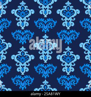 Blühende Flora und Wildblumen, Blätter und Zweige mit Wirbeln. Einrichtung mit Paisley-Design, Ornament oder Naturmotiv. Nahtloses Muster, Hintergrundbild oder Hintergrund. Vektor in abgewickelter Form. Blühende Blumen und Blätter, nahtloser Druck Stock Vektor