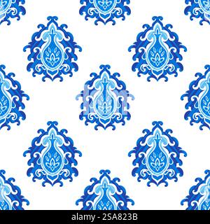 Blühende Blumen mit Blättern und Blütenblättern, Paisley-Dekoration. Wirbel und Locken von Laub, Blättern und Zweigen. Nahtloses Muster, Hintergrundbild oder Hintergrund. Vektor in abgewickelter Form. Blüten in Blüten-, Blätter- und Pflanzenmustern Stock Vektor