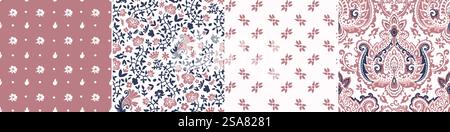 Nahtlose Musterkollektion aus Damaszener Blumenmotiven und -Verzierungen, isolierte Blumenzweige. Blaue, rosa Flora und Botanik. Natur und natürliche Blätter und Laub. Vektorabbildung. Sammlung von Damaszener Blumenmotiven Stock Vektor