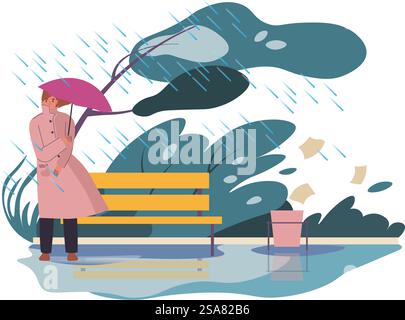 Regen mit starkem Wind, schlechtes Wetter in Cit oder Stadt. Weibliche Figur, die einen Regenschirm hält, der sich vor Regen versteckt. Starkregen im Park, Überschwemmungen und Überschwemmungen. Vektor in abgewickelter Darstellung. Schlechtes Wetter, Regenwetter mit starkem Wind Stock Vektor