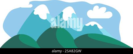 Naturlandschaft mit Bergen und Wäldern, Feldern und Wiesen. Naturblick oder Landschaft mit bergigem Gebiet. Trekking und Wandern, aktive Sommeraktivitäten und Hobbys. Vektor in abgewickelter Form. Berge und Landschaft, Naturlandschaften Stock Vektor