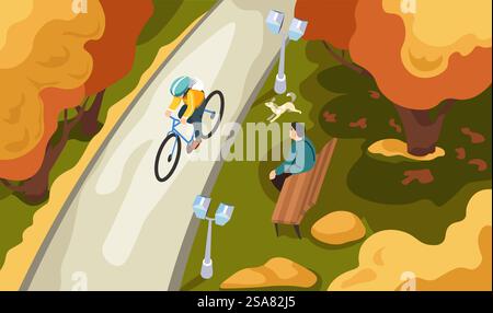 Saisonale Aktivitäten im Herbst und Landschaft. Persönlichkeit auf dem Radweg, Mann mit Hund sitzt auf einer Bank, umgeben von Bäumen und Büschen mit getrockneten Blättern und gelbem Laub. Vektor in abgewickelter Form. Fahrräder im Herbstpark oder im Wald Stock Vektor