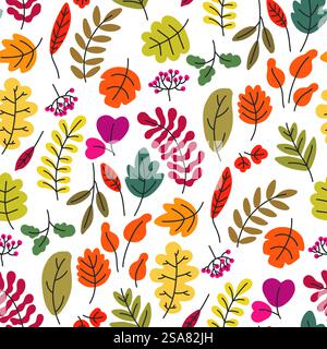 Herbstlaub und Laub des Herbstes, isoliertes Laub von Eichen und Kastanienbäumen. Bunte Zweige und Beeren aus dem Busch. Hintergrund nahtloses Muster oder Tapetendesign. Vektor in der Ebene. Herbstlaub und Laub, Beeren und Botanik Stock Vektor